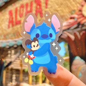 Stitch Hugging Mickey Plushie Transparent Waterproof Sticker
