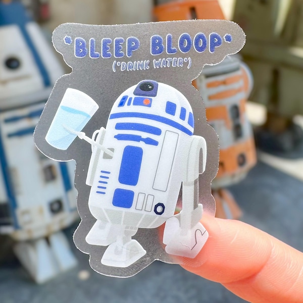 „Trink-Erinnerung für den Droiden R2-D2“ (Star Wars, transparenter Vinyl-Aufkleber)