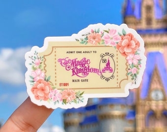 Magic Kingdom Admission Ticket Sticker/ Retro Floral WDW Disney World Laptop Stickers/ Disney floral Vinyl Decals/ original summer flowers