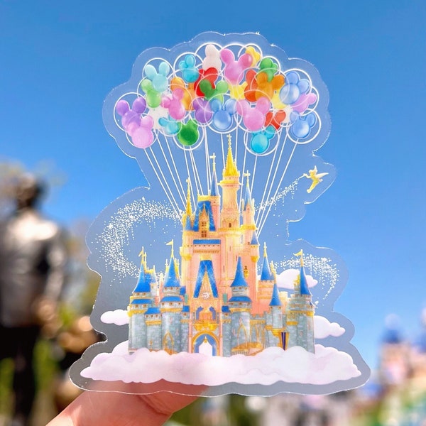 Disney World Castle Mickey Balloons Transparent Laptop Sticker, Disney Parks Clear Decal