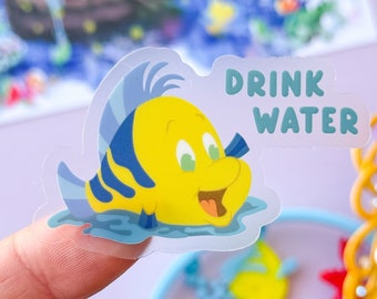Drink Water Flounder Transparent Laptop Stickers/ Hydrate Reminder Little Mermaid Ariel planner stationery decal water bottle cell phone