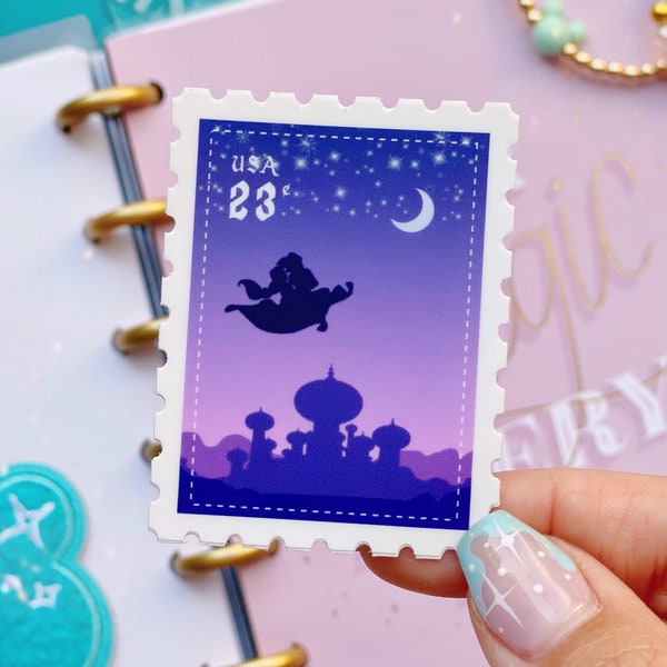 Jasmine Aladdin Postage Stamp Sticker/ Princess Flying Carpet Vintage Retro Disney Couple Water bottle Hydro Cellphone Decals