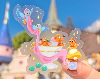 Cinderella's Dressmaking Transparent Sticker/ Jaq Jaq Gus Gus Disney Laptop Car Vinyl Decals/ Bibbidi bobbidi boo fairy godmother