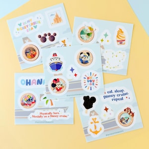 May include: A set of 10 Disney Cruise themed stickers featuring Mickey Mouse, Minnie Mouse, Stitch, and other Disney characters. The stickers are on a white background with blue and yellow accents. The stickers include phrases like "Ohana", "In My Disney Cruise Era", and "Eat, Sleep, Disney Cruise, Repeat".