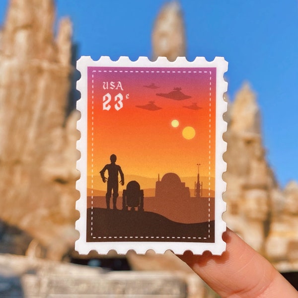 C3PO & R2D2 Tatooine Postage Stamp Sticker/ Star Wars Droid Vintage Retro Disney Water bottle Hydro Cellphone Decals