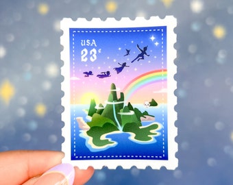 Peter Pan Postage Stamp Sticker/ Neverland Tinkerbell Vintage Retro Disney Water bottle Cellphone Decals