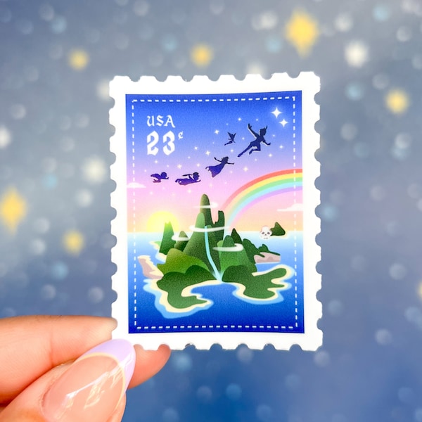 Peter Pan Postage Stamp Sticker/ Neverland Tinkerbell Vintage Retro Disney Water bottle Cellphone Decals