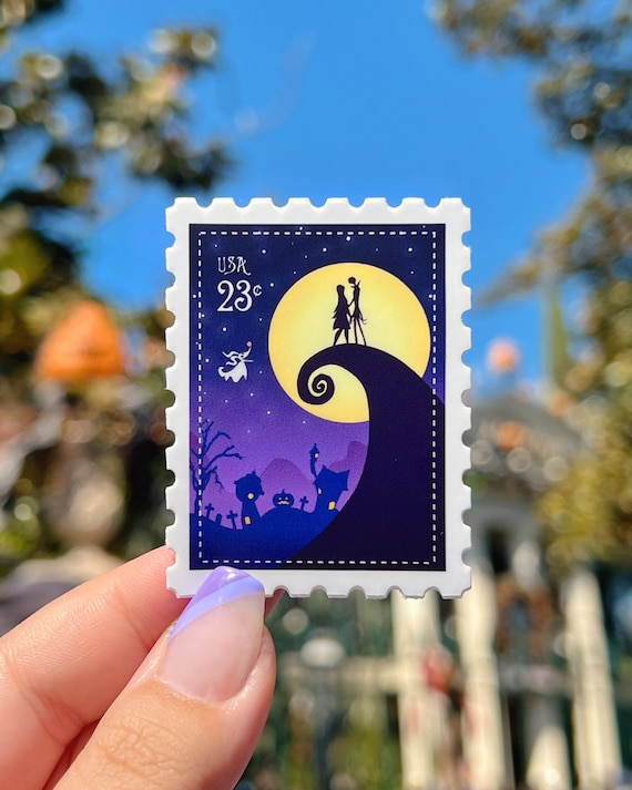 Jack & Sally Postage Stamp Sticker/ Nightmare Before Christmas Zero Holiday Haunted  Vintage Retro Disney Water bottle Cellphone Decals