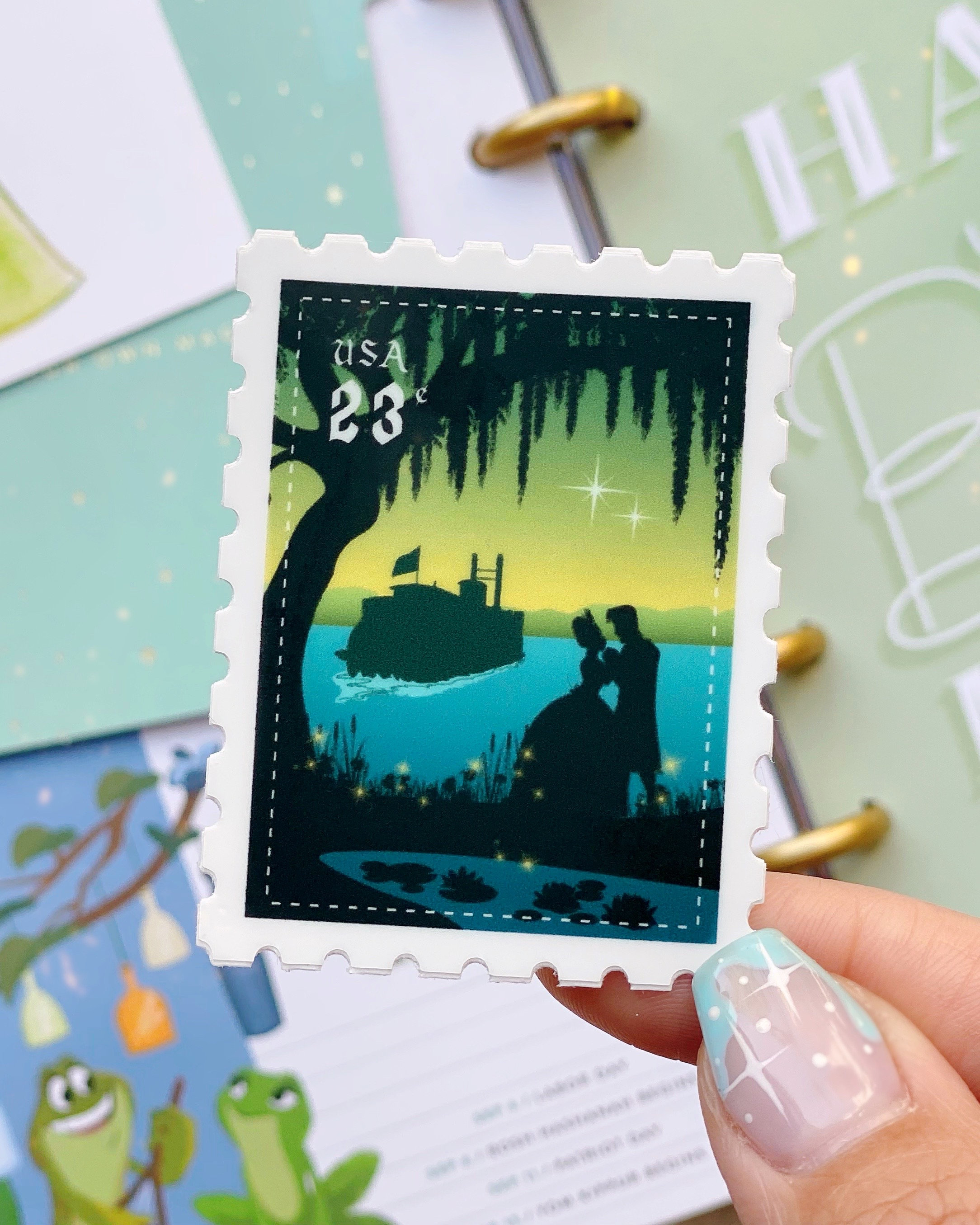 Tiana Prince Naveen Postage Stamp Sticker/ Princess and the Frog Vintage Disney Couple Water bottle Cellphone Decals