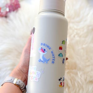 May include: A light grey reusable water bottle with a black lid and handle. The bottle is covered in colourful stickers, including a blue and white character, a Mickey Mouse sticker, and a sticker that says "Drink Water".