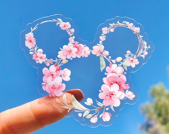 Pink Cherry Blossom Sakura Floral Wreath Transparent Sticker/ Mickey Disney flowers water bottle laptop decal/ flower and garden