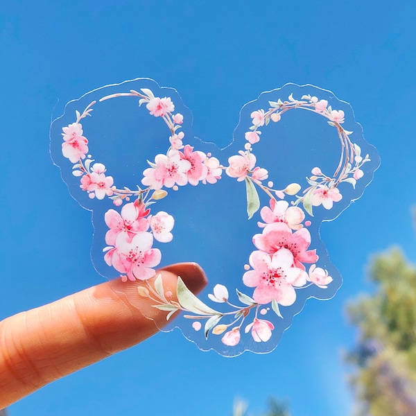 Pink Cherry Blossom Sakura Floral Wreath Transparent Sticker/ Mickey Disney flowers water bottle laptop decal/ flower and garden
