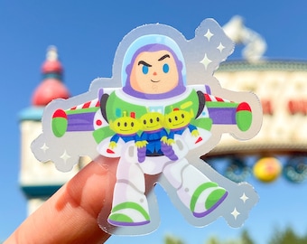 Space Ranger with Aliens Toy Story Buzz Plushie Transparent Disney Laptop Sticker/ planner stationery decal water bottle cell phone