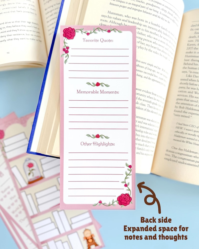 May include: Pink and white bookmark with space for notes, decorated with red roses and green vines. The bookmark has sections for a favorite quote, memorable moments, and other highlights. The back side offers expanded space for notes and thoughts.