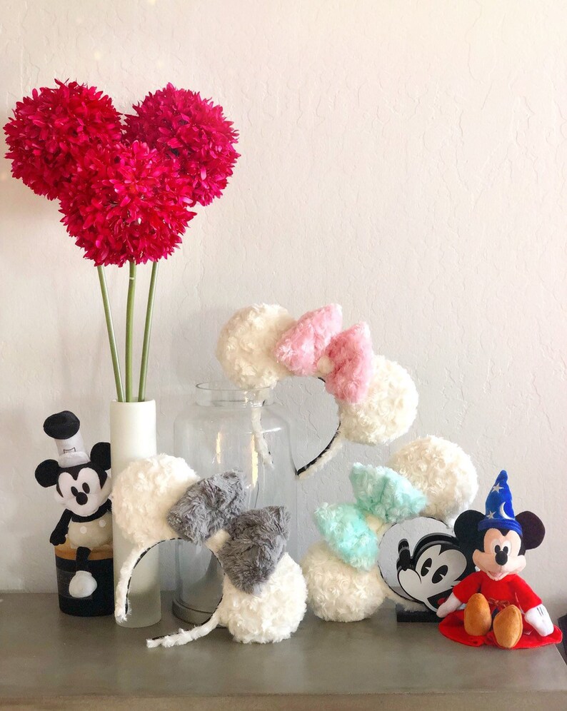 Fluffy Magnetic Ears with 3 Bows/ LED Disney Ears/ light up fuzzy ears/ soft white ears/ gifts for daughter/ Mickey Mouse headband