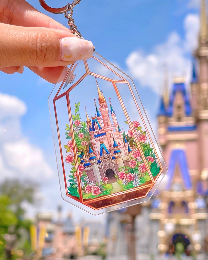 Secret Garden Castle Terrarium Acrylic Keychain/ See Through Magic Kingdom Disney accessory/ decor wall hanging Lanyard backpack Purse Charm 