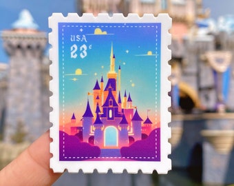 Castle Postage Stamp Sticker/ Fantasy Kingdom Magic Vintage Retro Disney Water bottle Cellphone Decals