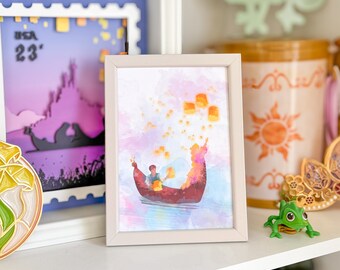 塔の上のラプンツェルのランタン水彩画プリント、5x7 ラプンツェルの