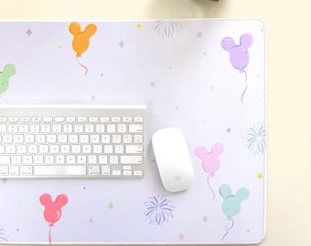 Balloons & Fireworks Desk Mat/ Hidden Mickey Neutral Planner Desk Pad Accessory/ Cute Disney Gamer Aesthetic Home Office Work Decor