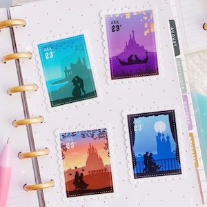 May include: Four colourful postage stamps featuring Disney princess couples. Each stamp features a silhouette of a couple against a colourful background with the text "USA 23&cent;".