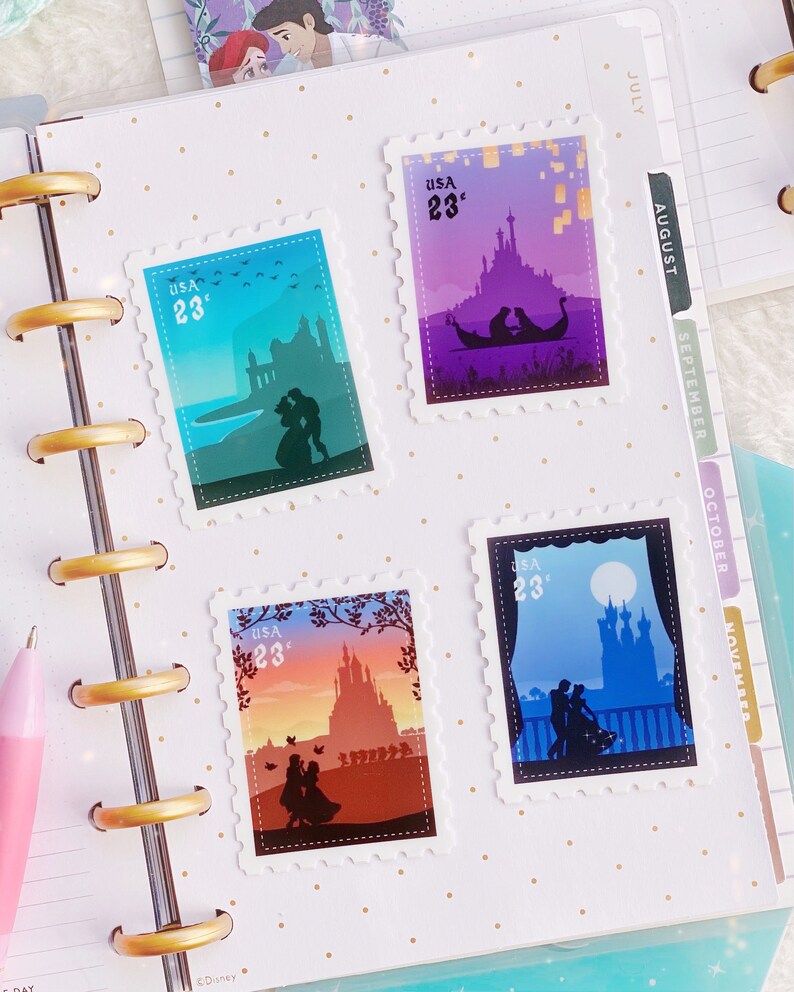 May include: Four colourful postage stamps featuring Disney princess couples. Each stamp features a silhouette of a couple against a colourful background with the text "USA 23&cent;".