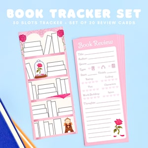 May include: A pink book tracker set with the text "BOOK TRACKER SET" and "50 SLOTS TRACKER + SET OF 20 REVIEW CARDS". The set includes a bookmark with a bookshelf design and a stack of pink review cards.