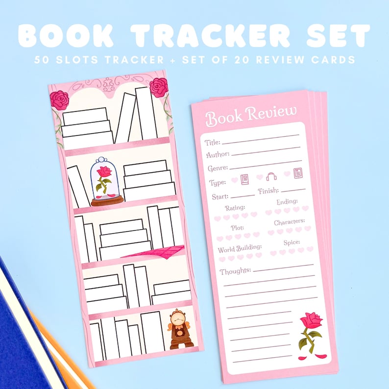 May include: A pink book tracker set with the text "BOOK TRACKER SET" and "50 SLOTS TRACKER + SET OF 20 REVIEW CARDS". The set includes a bookmark with a bookshelf design and a stack of pink review cards.