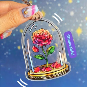 Enchanted Rose Shaker Jar See Through Acrylic Keychain/ Beauty and the Beast Disney accessory/ Lanyard backpack Mickey Purse Charm