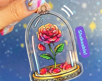 Enchanted Rose Shaker Jar See Through Acrylic Keychain/ Beauty and the Beast Disney accessory/ Lanyard backpack Mickey Purse Charm