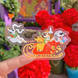 Zero & Dogs Christmas Sleigh Wagon Transparent Sticker/ Traditional Xmas Puppies Disney Dogs Water bottle Cell phone Decals