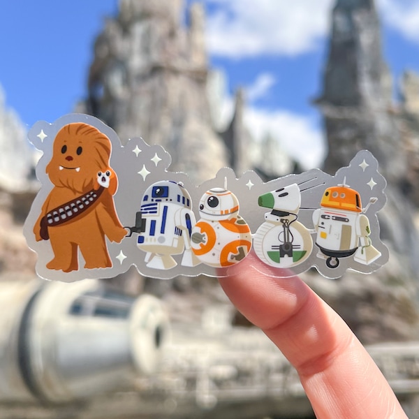 Chewie and Droid Friends Plushie Transparent Disney Laptop Stickers/ Star Wars R2D2 BB8 Chopper DO Porg Disney decal water bottle cellphone
