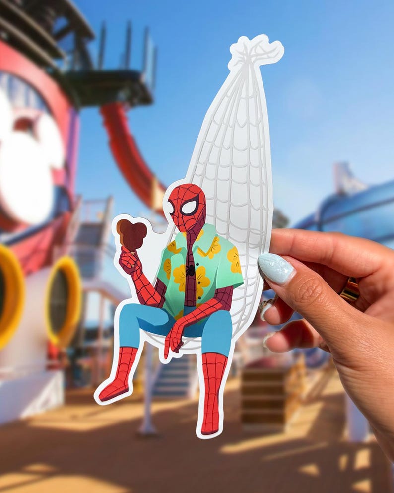 May include: A sticker featuring Spider-Man in a Hawaiian shirt, sitting in a hammock and holding an ice cream treat. The character is depicted in his classic red and blue suit, with a red mask. The background shows a cruise ship deck and a blue sky.