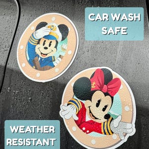 May include: Two circular car magnets featuring Mickey and Minnie Mouse in sailor outfits. The magnets are beige with white polka dots around the edges. Text on the image reads "Car Wash Safe" and "Weather Resistant".