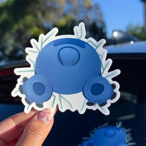 May include: A blue sticker featuring a cartoon character's rear end, with two feet and a circular design. The sticker has a white border with light green accents. The sticker is held up against a dark blue surface.