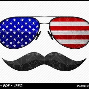 May include: A pair of aviator sunglasses with an American flag design on the lenses. The sunglasses have a black frame and a black mustache is below them.