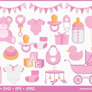 Baby Shower Pink Clipart Set - Stroller - Teddy Bear - Rubber Ducky