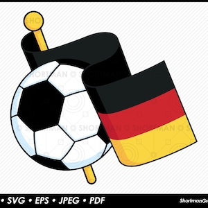 Könnte beinhalten: Ein schwarz-weißer Fußball mit einer schwarz-rot-gelben deutschen Flagge, die um ihn herumgewickelt ist. Die Flagge ist an einer goldenen Stange befestigt.