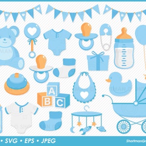 Puede incluir: Un conjunto de ilustraciones de baby shower azul y blanco. El conjunto incluye un osito de peluche, un sonajero, un body, un chupete, un biberón, un babero, un calcetín de bebé, un cochecito, un pato, un móvil para bebé y un juego de bloques de letras.