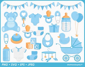 Baby Shower Blue Clipart Set - Passeggino - Orsacchiotto - Paperella di gomma