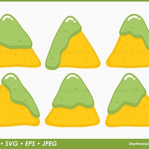 May include: Six yellow tortilla chips with green guacamole on top. The chips are shaped like mountains.