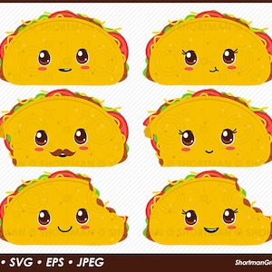 May include: Six cartoon taco illustrations with different facial expressions. The tacos are yellow with red and green toppings.