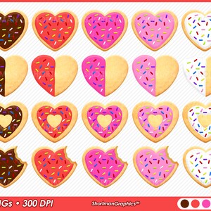 May include: Twenty heart-shaped cookies with various frosting and sprinkles. The cookies are half-covered in chocolate, pink, or white frosting. Some cookies have a hole in the centre. Some cookies have a bite taken out of them.