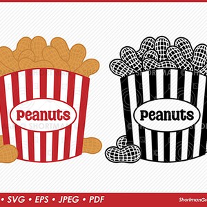 May include: A red and white striped container with the word "Peanuts" in a white oval on the front. The container is filled with peanuts. A black and white version of the container is shown next to it.