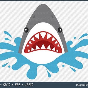 May include: A cartoon illustration of a shark with a gray body, white belly, and a red mouth filled with sharp white teeth. The shark is emerging from blue water splashes. The image includes the text "PNG • SVG • EPS • JPEG".