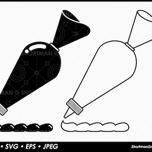 May include: Two black and white illustrations of piping bags. One piping bag is filled with frosting and the other is empty. Both piping bags have a star-shaped tip.
