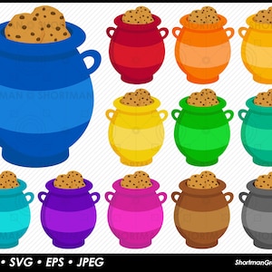 Op de afbeelding: Tien verschillende gekleurde koekjespotten met een gestreept ontwerp. Elke pot is gevuld met chocoladekoekjes. De potten zijn blauw, rood, oranje, geel, groen, turquoise, paars, roze, bruin en grijs.