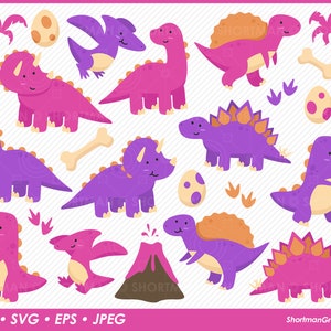 Dinosaur Clipart SVG PNG - Pink - Purple - Violet - Cartoon - T-rex - Pterodactyl - Stegosaurus - Triceratops