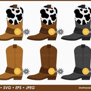 May include: Set of six cowboy boot illustrations in various colors, including brown, black, and gray. Each boot has a cowhide pattern, a gold buckle, and a spur.