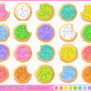 Puede incluir: Veinte imágenes digitales de galletas de colores glaseadas con chispas. Cada galleta tiene un bocado sacado. Las galletas son de varios colores, incluyendo rosa, azul, verde, amarillo y morado.