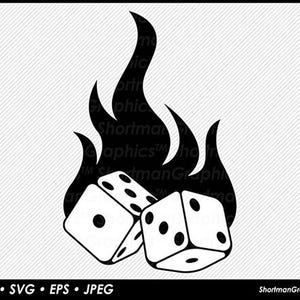 May include: A monochrome graphic featuring two dice with black dots, set against a backdrop of stylized black flames. The image is a simple, yet striking design, suitable for digital art or print.